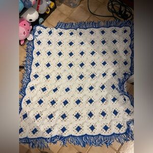 Blue & White Crocheted Square Afghan Throw Blanket